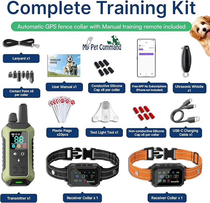 My Pet Command GPS Fence, No Subscription Wireless Dog Fence with APP, 6-Sided or Circular Fences, Tone, Vibration, Correction, Shock, Waterproof Rechargeable Collar