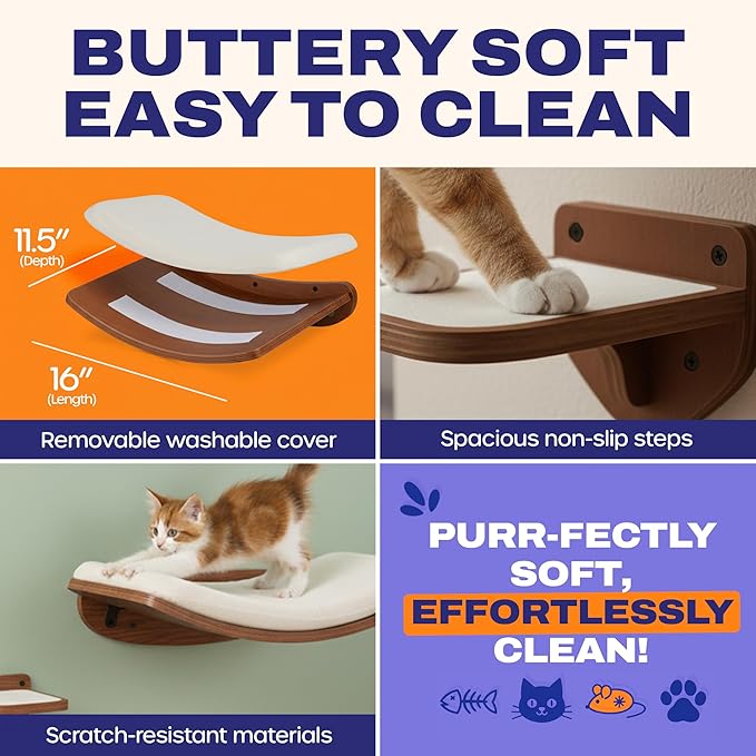 Cat Wall Shelves, Walnut Finish – Floating Cat Furniture with Curved Bed & Steps | Modern Minimalist Wood Climbing Shelves Set of 4 for Indoor Cats, Sturdy Wall-Mounted Design