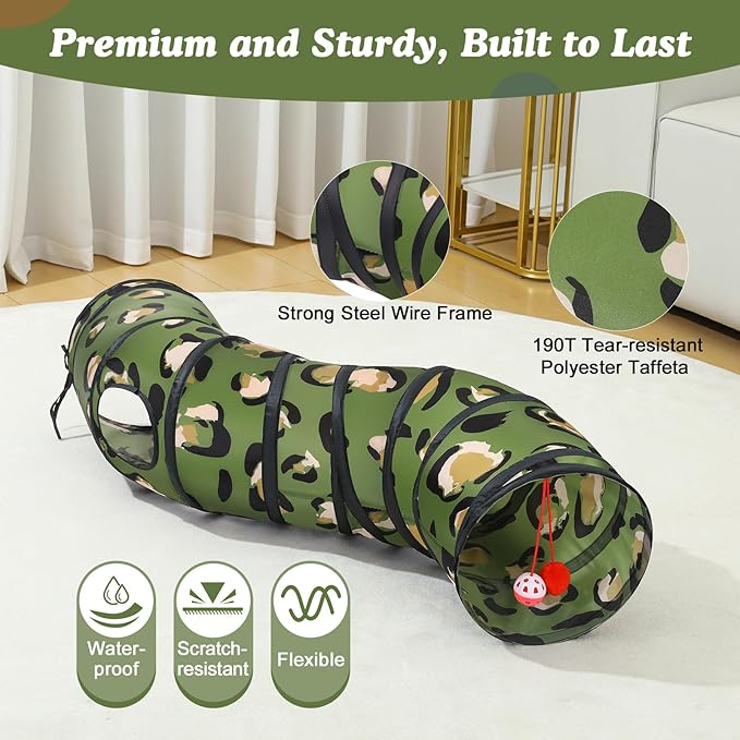 Pawaboo Cat Tunnel, S-Shaped Cat Tube Tunnel 25 * 97cm(9.8''*38.2'') with Balls and Bells, Collapsible Portable Kitten Play Tent Toy Interactive Cats House with Peep Holes for Kitty, Leopard Print