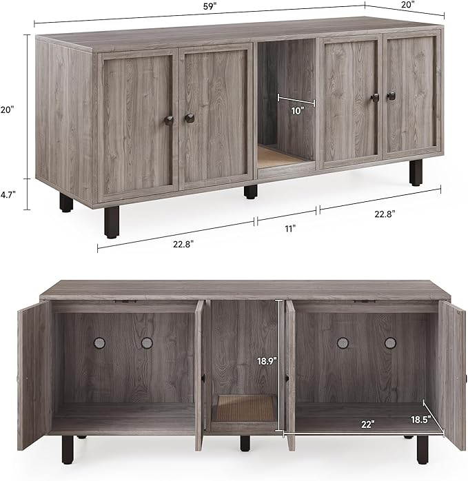 ONBRILL 59 Inches Cat Litter Box Enclosure for 2 Cats, Hidden Litter Boxes Furniture with Cat Scratch Pad, Large Indoor Pet House with Double Room, Wooden TV Stand Side Table, Grey