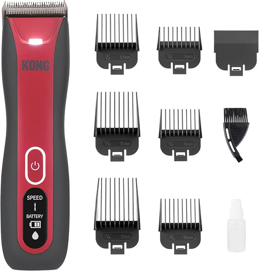 Kong 3-Speed Cordless-Corded Dog Clipper Kit – Stainless Steel Blade, Waterproof, LED Spotlight, Use-While-Charging, 6 Guide Combs, Ergonomic Handle – Red/Gray, All Coat Types