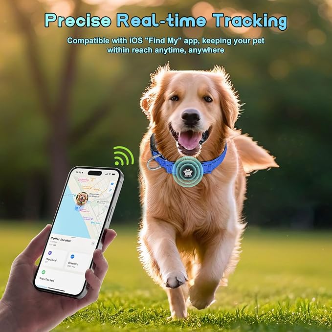 GPS Dog Collar Tracker 2-in-1,Reflective Waterproof Pet Collar,iOS-Only,No Monthly Fees,Unlimited Range,Ideal for Dog Tracking pet Tracker,for Small Medium Large Dogs(M (15"-20.5"), Blue)