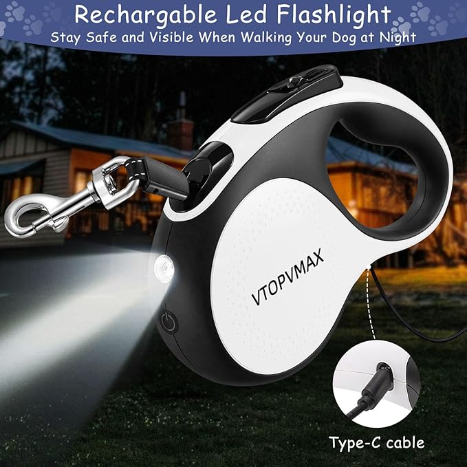 16Ft Retractable Dog Leash - for Small to Medium Dogs Up to 66lbs, Heavy Duty Retractable Leash with Light Rechargeable, Quick Lock Braking & Non-Slip Handle (White)
