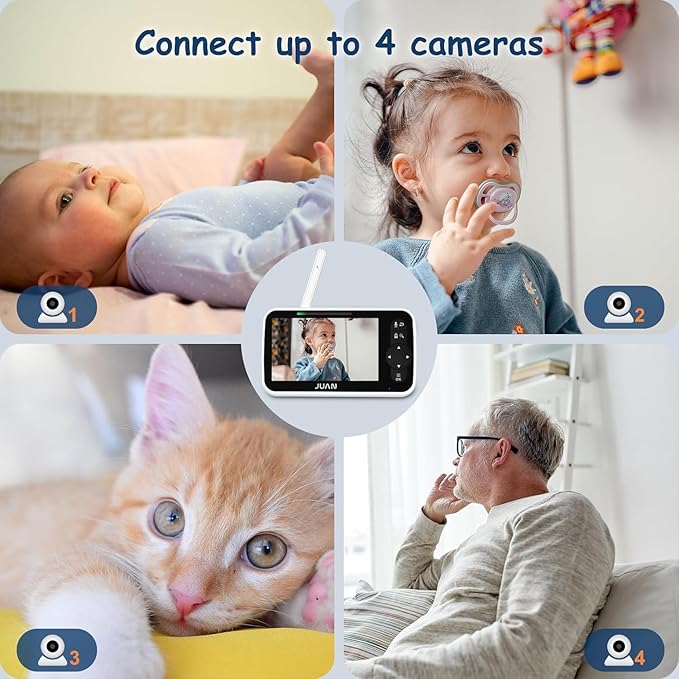JUAN 5" Video Baby Monitor with 2 Cameras and Audio, 30-Hour Large Battery, Remote Control Cameras with Night Vision and Temprature Monitoring, Indoor and Outdoor, JA2216-2
