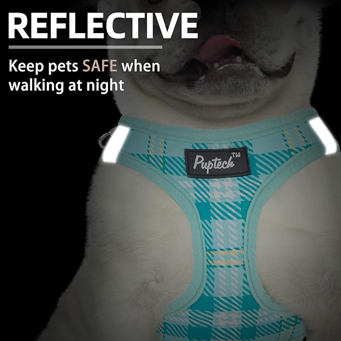 PUPTECK Dog Harness and Leash Set for Small Medium Dogs No Pull Step-in Soft Mesh Puppy Cat Vest Harnesses Reflective at Night, Plaid Pattern Green M