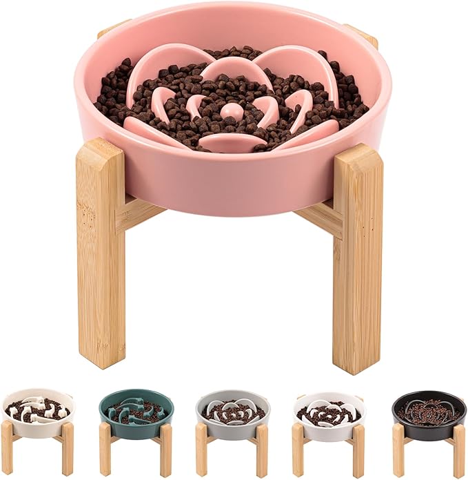 Pink Ceramic Dog Bowl Slow Feeder for Medium and Large Breed,Elevated/Raised 1.5 Cup 8.26 in Slow Feeding Bowl,Puzzle Dog Food Bowl for Fast Eater,Maze Dish for Fast Eater
