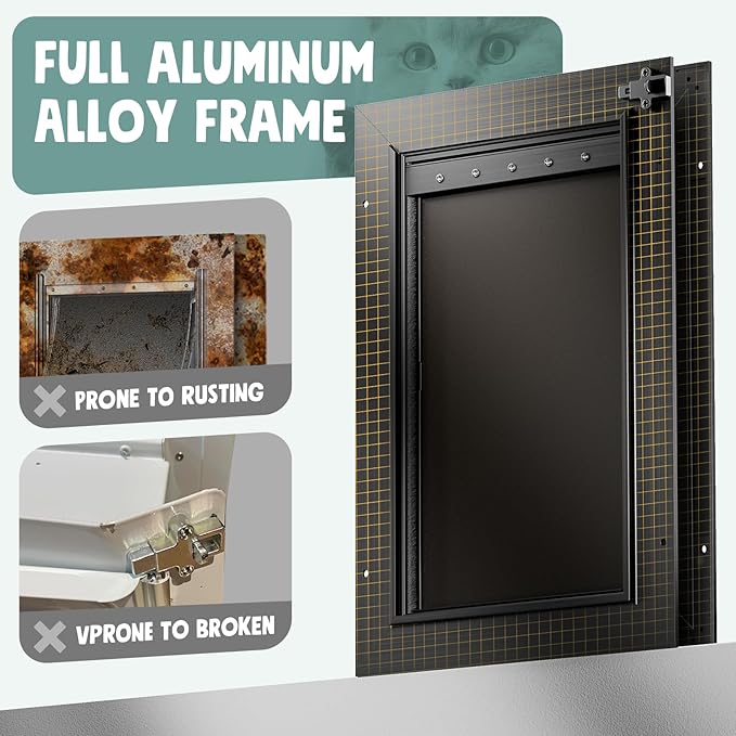 Dog Door For Door All Aluminum 3 Flaps, Medium Doggy Doggie Door, Cat Door Black, Heavy Duty Pet Door for Dogs Cats, With Insulation Flap, Telescoping Tunnel, Sliding Closing Panel, for Pet Up to 45lb