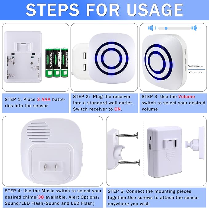 Motion Sensor Alarm,Wireless Driveway Alarm Indoor Home Security Business Detector Alert System -Monitor&Protect Property - 2 Receiver and 3 PIR Sensor-38 Chime Tunes