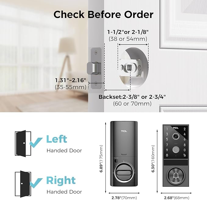 TCL D1 Max Security Video Smart Lock, 3-in-1 2K Camera, Doorbell & Fingerprint Keyless Entry Door Lock, WiFi Smart Door Lock with App Remote Control, PIR Motion Detection, Easy Installation