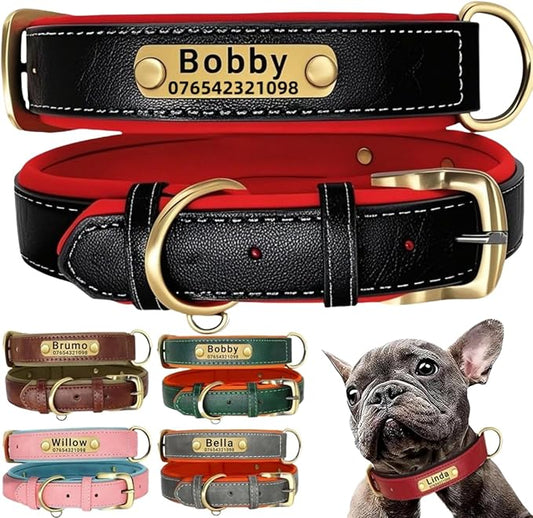 Leather Dog Collar Personalised and Leash Set, Personalized with Soft Padded Design Heavy Duty Featuring Custom Engraved Name Plate for Small Medium and Large Dogs