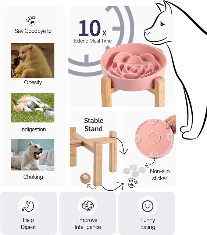 Pink Ceramic Dog Bowl Slow Feeder for Medium and Large Breed,Elevated/Raised 1.5 Cup 8.26 in Slow Feeding Bowl,Puzzle Dog Food Bowl for Fast Eater,Maze Dish for Fast Eater