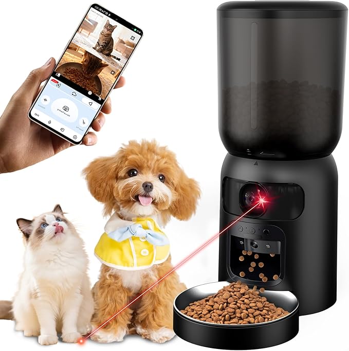 Automatic Cat Feeder with Dual Camera, 5G WiFi App Control: 5L Automatic Dog Food Storage Container with 2K HD Video and Laser Pet Toy, Dual Power Timed Smart Pet Food Dispenser for Cats&Dogs