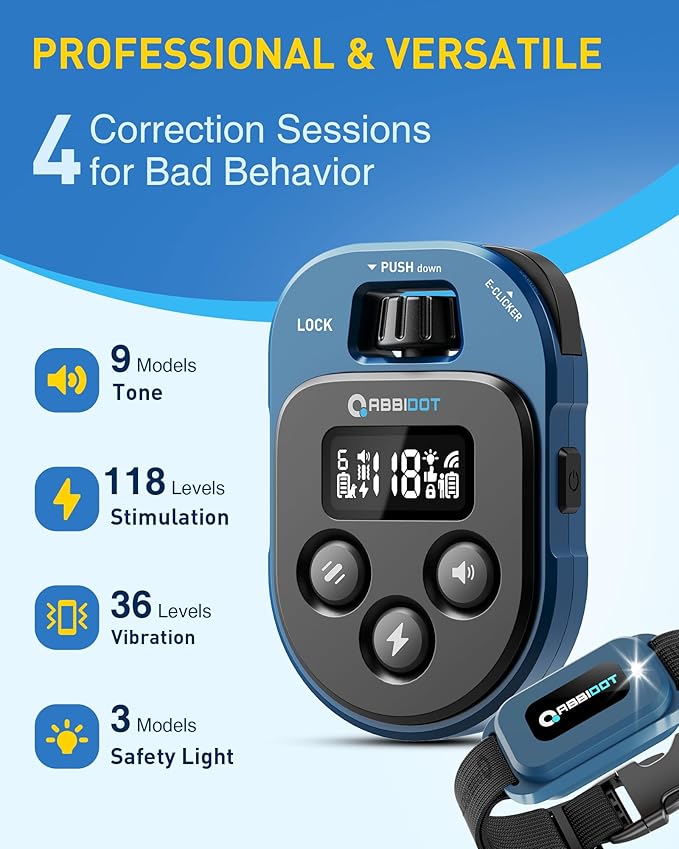 ABBIDOT Dog Shock Collar, 4500FT Dog Training Collar with Remote，IPX7 Waterproof Rating，6 Training Modes (Beep, Vibration, Safe Shock), Enhanced Night Light, Rechargeable E-Collar for Dogs 10-130 lbs