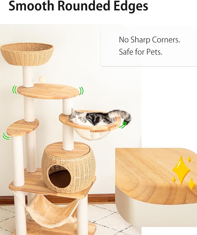 Wood Cat Tree for Large Cat, 57-Inch Tall Cat Tower with Scratching Post for Indoor Cats, Multi-Level Cat Condo with Hand-Woven Cat Bed and Hammock Acrylic Bowl Easy to Clean (DC888)
