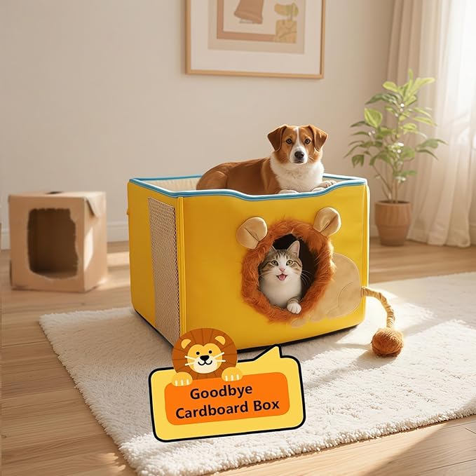 CWV Cat Houses for Indoor Cats, Cute Cat Cave Bed with Scratch Pad, Foldable Cat Cube for Multiple Large Cats, 17X17x13inch, Lion Design