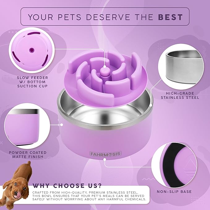 64 OZ Dog Bowl with Slow Feeder Insert Stainless Steel Pet Water Bowl for Medium & Large Breed Non Slip Rubber Base & Plastic Puzzle Feeder - Lavender
