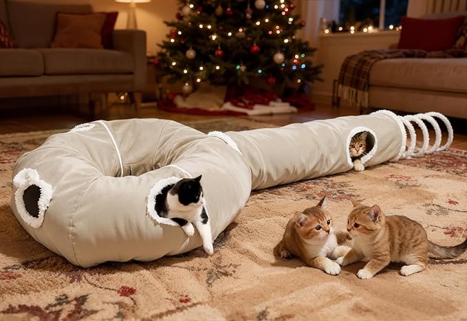 Ownpets 2-in-1 Cat Tunnel, Large Lollipop Shape Cat Tunnel Toy with Fluffy Balls, Spiral Toy, Plush Collapsible Cat Cave Hideout Donut Tunnel for Multi Kitten Puppy Rabbit (Beige)