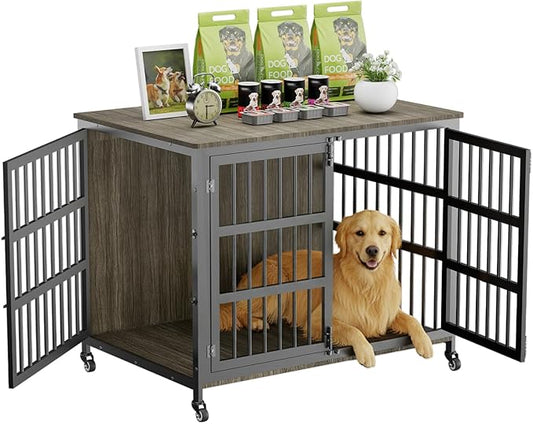 42" Furniture Style Large Dog Crate with Wheels, Metal Chew-Resistant Dog Kennel Indoor for Large & Medium Dogs, 41.9" W x 28.3" D x 31.7" H, Decorate House as TV Stand, End Table — Grey