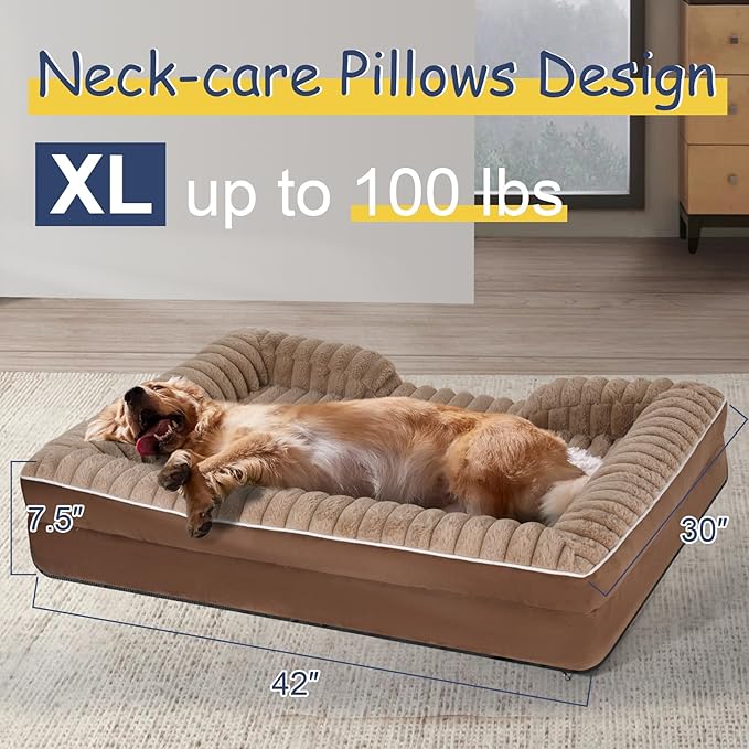 Orthopedic Dog Bed for Large Medium Sized, Washable Memory Foam Large Dog Bed Premium Soft Corduroy Fleece, Durable Medium Pet Sofa with Removable Cover, Washable Waterproof Pet Couch Beds(Brown,XL)