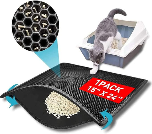 Small Cat Litter Box Mat: Easy Clean Kitty Litter Trapping Mat for Floor, Plastic Cat Box Pad (15 * 24in, Black, 1p)