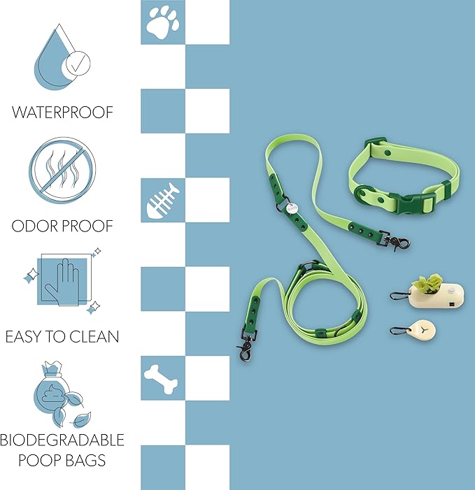 WLK1004B-5SET Luna Small 8FT Adjustable 6-in-1 Waterproof Hands-Free Leash and Collar with LED Flashlight, Bag Dispenser, and Poop Bag Holder, Mojito