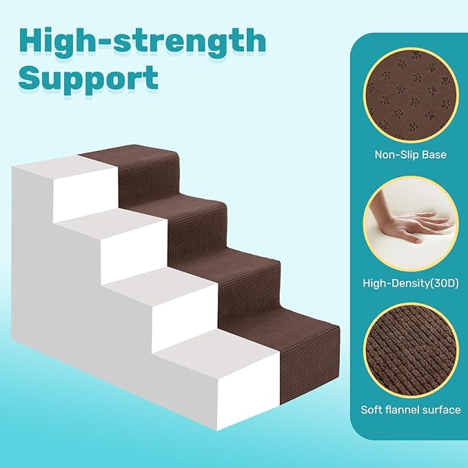 Dog Stairs for Bed, Extra Wide 4-Step Dog Steps for High Bed, High-Density Foam Pet Stairs with Non-Slip Removable Washable Cover for Small Pets, 18" H, Brown