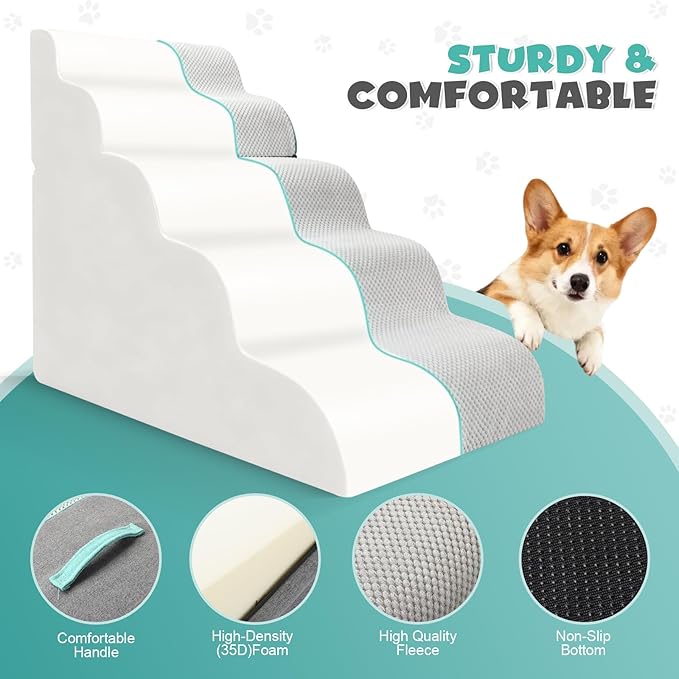 Dog Stairs Ramp for Small Dogs,5-Step Dog Steps,Foldable Pet Stairs for High Beds and Couch,Curved 2 in 1 with Zippers Non-Slip Balanced Pet Ramp and CertiPUR-US Certified Foam,Grey