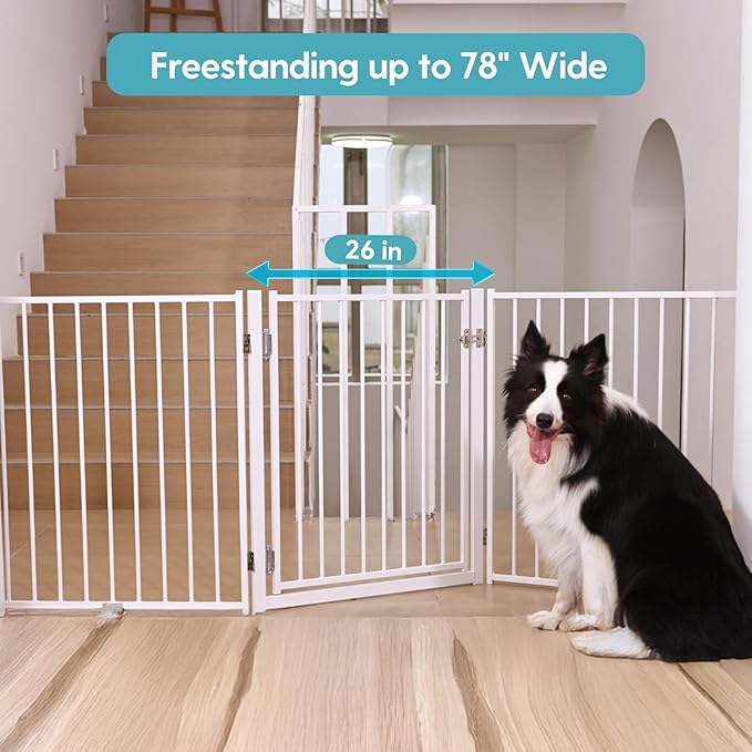 No Pawblems Free Standing Dog Gate with Door, 30'' Tall Foldable Dog Fence for Indoor & Outdoor, Up to 78 Inch Extra Wide Puppy Gate for Stairs, Hallways, Doorways, Deck, Yard (White, 3 Panels)