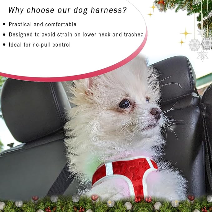 Comfort Fit Christmas Step-in Dog Harness All-Weather Dog & Puppy Harness Adjustable Soft Padded No-Pull Holiday Vest for Small & Medium Dogs Easy to Put On Secure Buckle Fit (Plush Both Side Velvet)