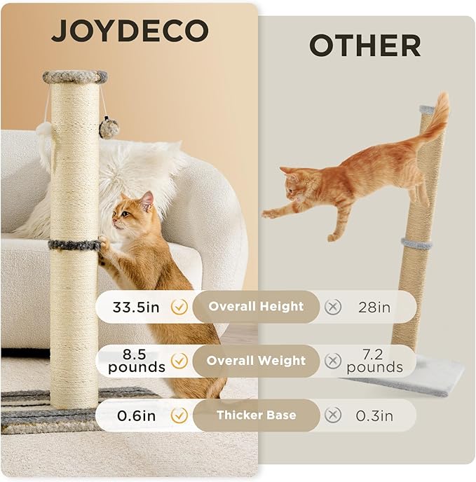 Joydeco Cat Scratching Post 38 Inches Heavy Duty and Thick Scratching Post Sisal Rope with Hanging Ball and Mice for Indoor Cats(Grey)
