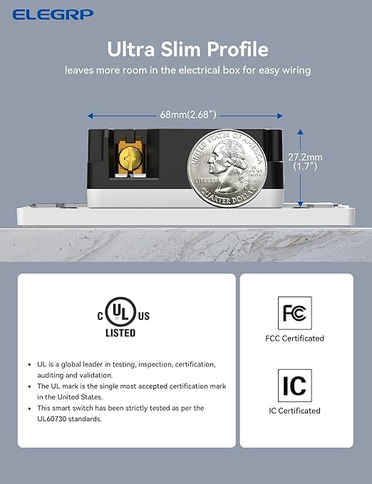 ELEGRP Smart Outlet, Smart in-Wall Outletss Works with Alexa and Google Assistant, 2.4GHz Wi-Fi Smart Receptacle, No Hub Required, UL Listed, White, 2 Pack