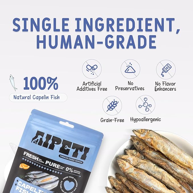 Freeze Dried Capelin Fish Treats for Cats & Dogs, Single Ingredient, Rich in Omega 3 & 6 for Healthy Skin & Coat, Grain Free, 100% Whole Fish, Premium Quality High Protein Training Snacks