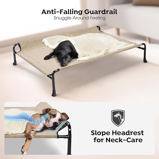 Veehoo Elevated Dog Bed, Raised Dog Cots for Medium Dogs, Waterproof Outdoor Dogs Bed, Cooling Pet Hammock with Guardrail, Upgraded Non-Slip Feet, Breathable Teslin Mesh, Beige Coffee,35x 22 inches