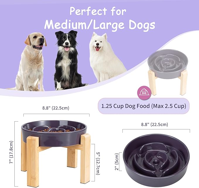Elevated Slow Feeder Dog Bowl - Puzzle Maze Dish with Bamboo Stand - Raised Ceramic Food Bowl for Medium and Large Dogs - 8.8 Inch - Purple