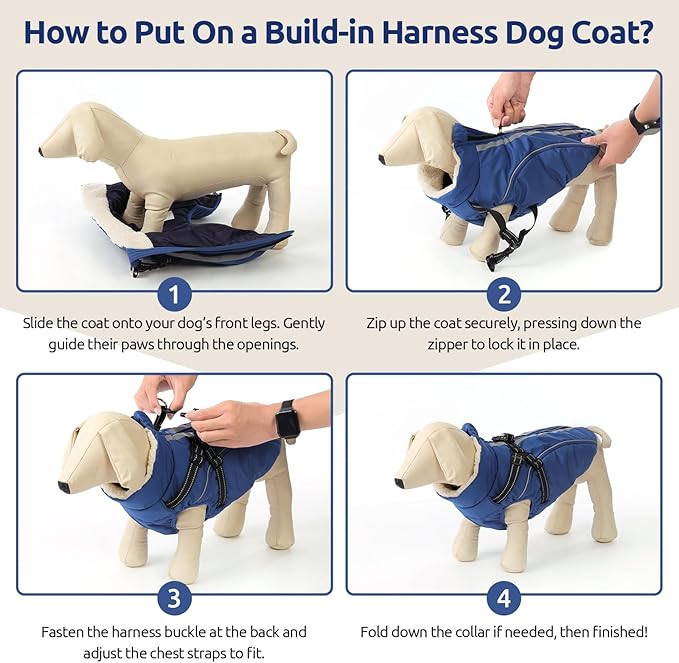 Dog Winter Coat with Harness Built in Warm Puffer Dog Jackets for Small Medium Large Dogs Windproof Waterproof Outfit with Plush Lining and Reflective Stripes (Blue, 2XL)