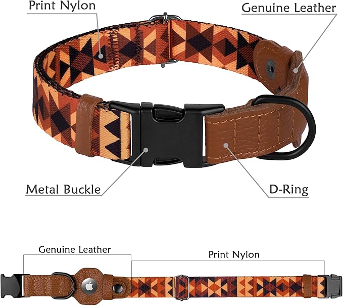 AirTag Dog Collar with Metal Buckle - Printed Nylon Soft Leather Dog Collar with Apple AirTag Holder - Secure Tracking GPS Pet Collars for Girl Boy Small Large Dogs (XL, 20"-25" Neck Fit, Tribal)
