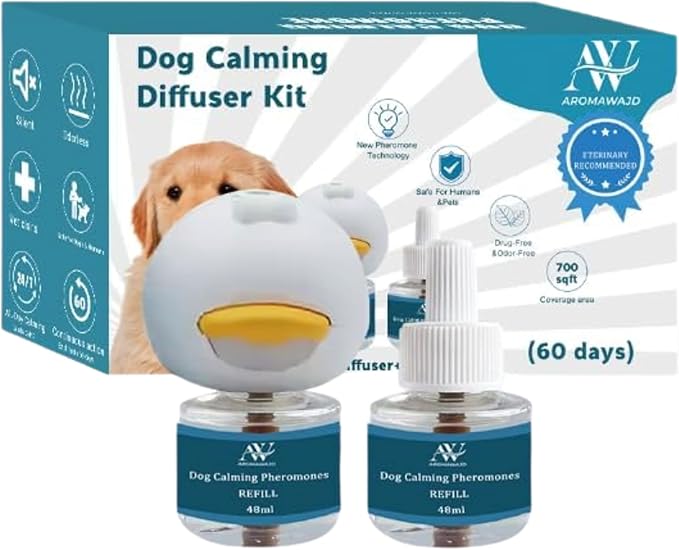 Dog Calming Pheromone Diffuser Kit | Natural Anxiety & Stress Relief for Dogs | Reduces Barking, Chewing & Restlessness | Covers Up to 700 sq ft – Vet Recommended | 60-Day Plug-In Refill Included