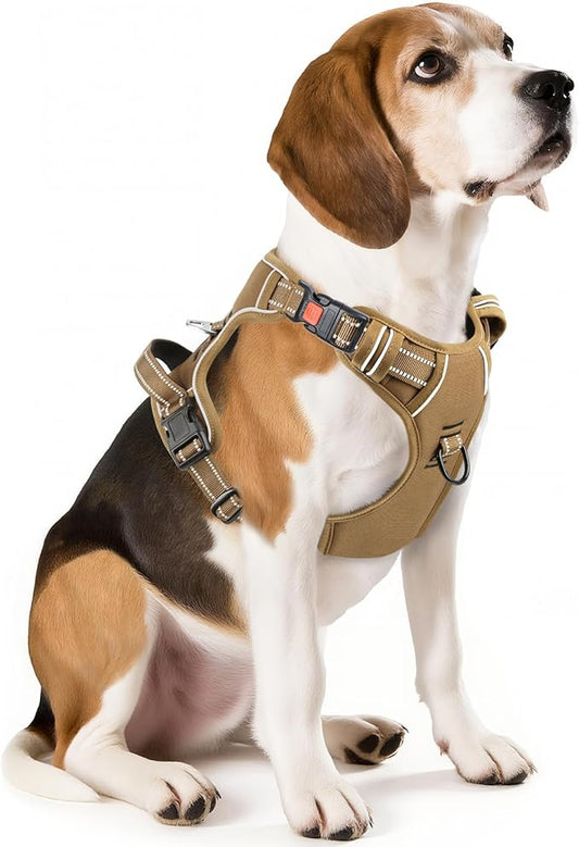 Timos Dog Harness Medium Sized, No Pull Pet Harness with Neck Lockable Snap,No Choke Front Clip Dog Reflective Vest,Adjustable Metal Rings 3 Buckles,Easy Control Handle for Medium Dogs Khaki M