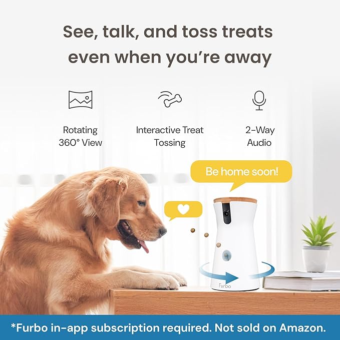 Furbo 360° Dog Camera - Unlock with Paid Plan: Home Security & Dog Safety Alerts, Rotating Pet Treat Dispenser w/ 2-Way Speaker, Smart Indoor Cam w/Phone App (3mo Minimum Subscription Required)