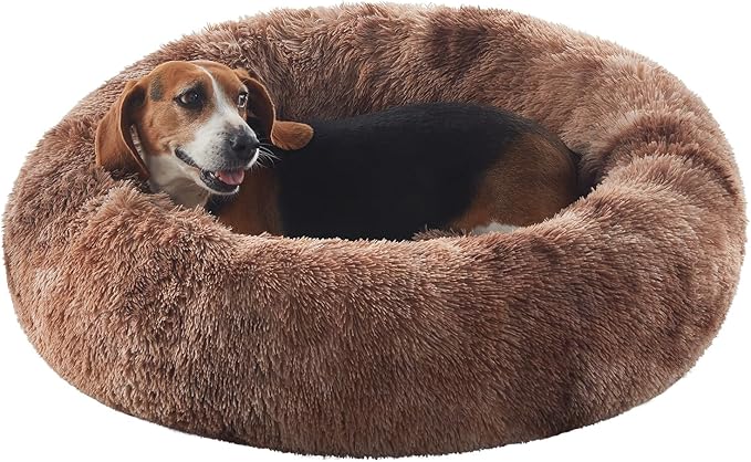 33 inches Donut Dog Bed for Medium Large Dogs,Calming Fluffy Round Pet Bed with Removable & Washable Cover,Fits up to 65 lbs Pets(Tie-dye Brown,M Plus)