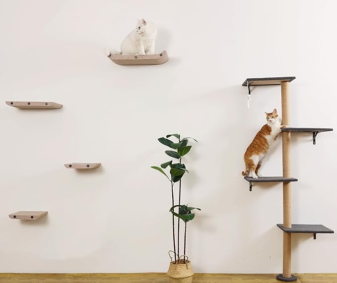 Wall Mounted Cat Shelves and Perches,Scratcher Cat Beds & Furniture for Indoor Cats, Soft PET Felt Feline Climbing Wall Set, Modern Jungle Gym System for Lounging and Sleeping(Set of 4-Oatmeal)
