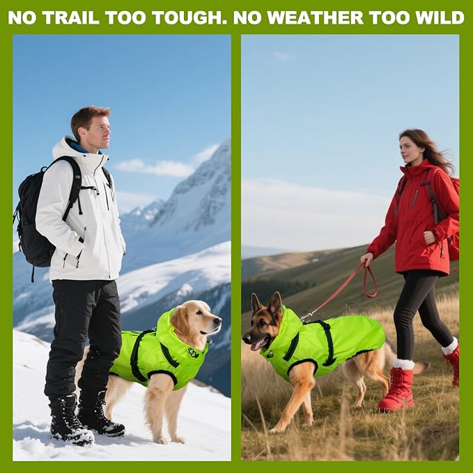 Dog Raincoat XXL, Waterproof Dog Raincoats for Large Dogs with Adjustable Built-in Harness & Back Zipper, Reflective Strip, Removable Hood, for Rainy Walks, Muddy Roads - Fluorescent Green