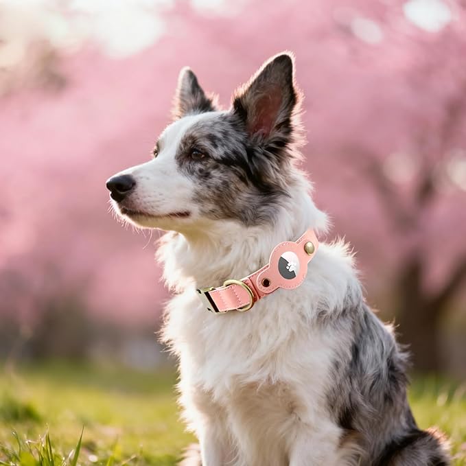 AirTag Dog Collar for Large Dogs Puppy - Soft Leather Dog Collar with Apple AirTag Holder and Metal Buckle - Smart Tracker GPS Apple Air Tag Pet Collars (Pink, L)