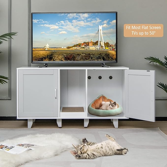 Tangkula Double Cat Litter Box Enclosure for 2 Cats, Large Stackable Hidden Privacy Cat Washroom Cabinet with Scratching Board, Indoor Cat House TV Stand Side Table, Litter Box Furniture (Grey)