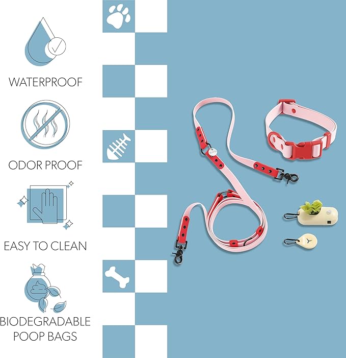 WLK1005G-5SET Luna Medium 8FT Adjustable 6-in-1 Waterproof Hands-Free Leash and Collar with LED Flashlight, Bag Dispenser, and Poop Bag Holder, Paloma