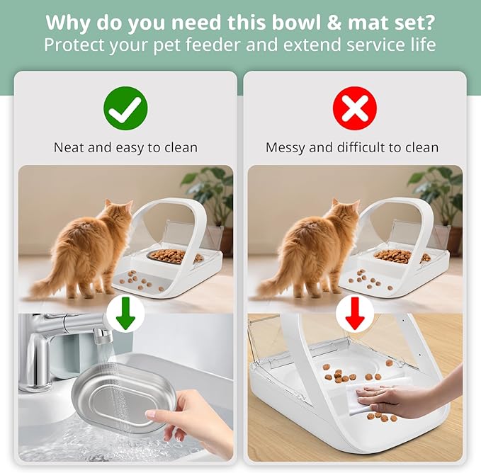 Stainless Steel Bowl for Automatic Microchip Cat Pet Feeder, Sealing Ring Design for Keeping Food Fresh and Reducing Odor, SUS 304, Easy to Clean, 2 Bowl & 1 Mat Set