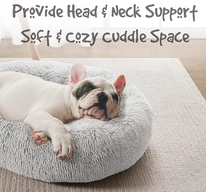 Friends Forever Donut Dog Bed Faux Fur Fluffy Calming Sofa For Medium Dogs, Soft & Plush Anti Anxiety Pet Couch For Dogs, Machine Washable Coco Pet Bed with Non-Slip Bottom, 30"x30"x7" Ivory