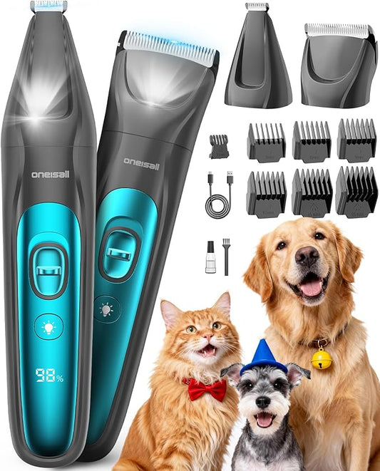 oneisall LED Light Dog Trimmer Clippers, Cordless Dog Grooming Kit 2 in 1, 2000mAh Pet Grooming Clippers Paw Trimmer Nail Grinder for Paw, Nail, Face, Ears, Legs, Body
