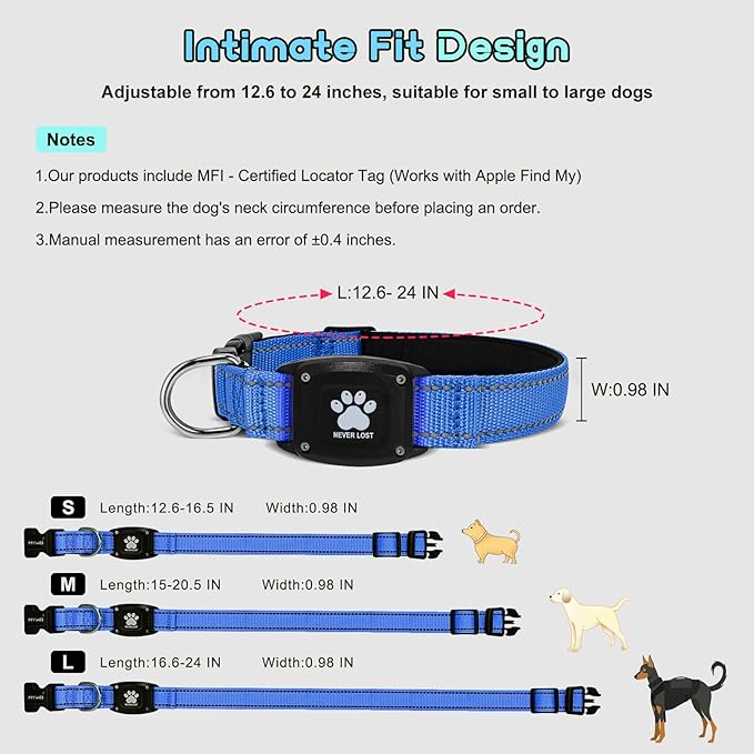 GPS Dog Collar Tracker 2-in-1,Reflective Waterproof Pet Collar,iOS-Only,No Monthly Fees,Unlimited Range,Ideal for Dog Tracking pet Tracker,for Small Medium Large Dogs(L (16.6"-24"), Blue)