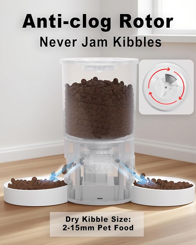 Automatic Dual Cats Feeder 2 Cats,Dual Power,Flexible Schedule Timer,6 Meals 12 Portions Per Day (Clear White, ABS Double Bowls)